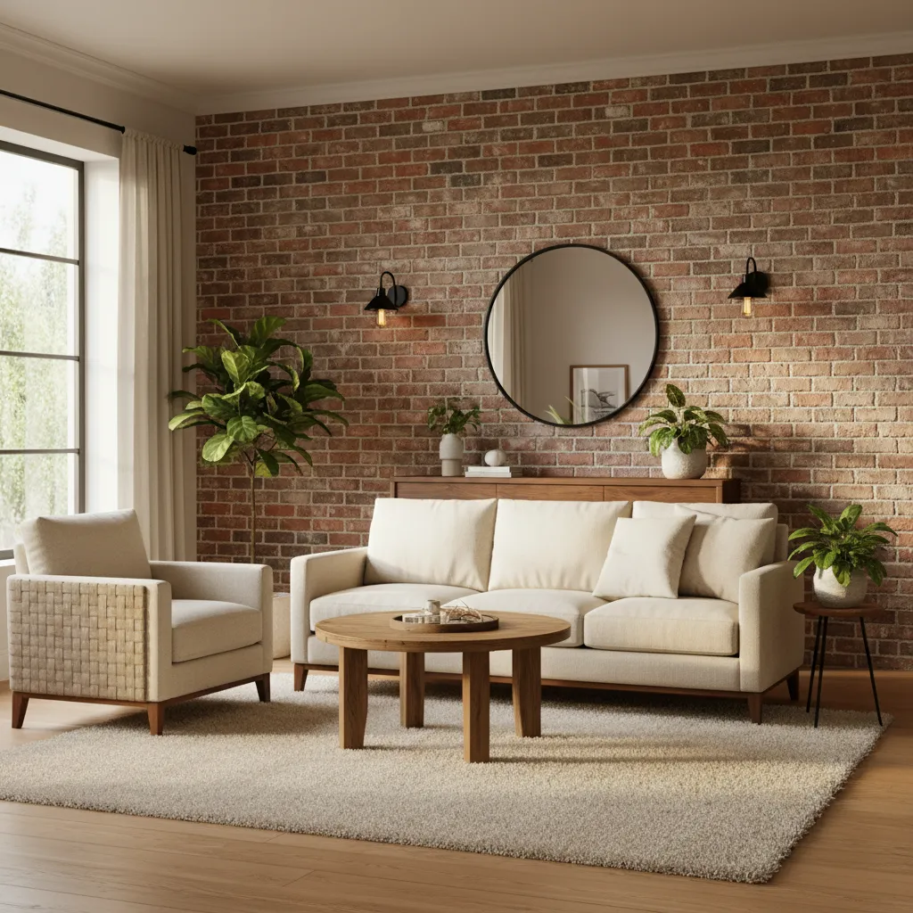 pared interior con plaquetas decorativas imitación ladrillo en sala de estar