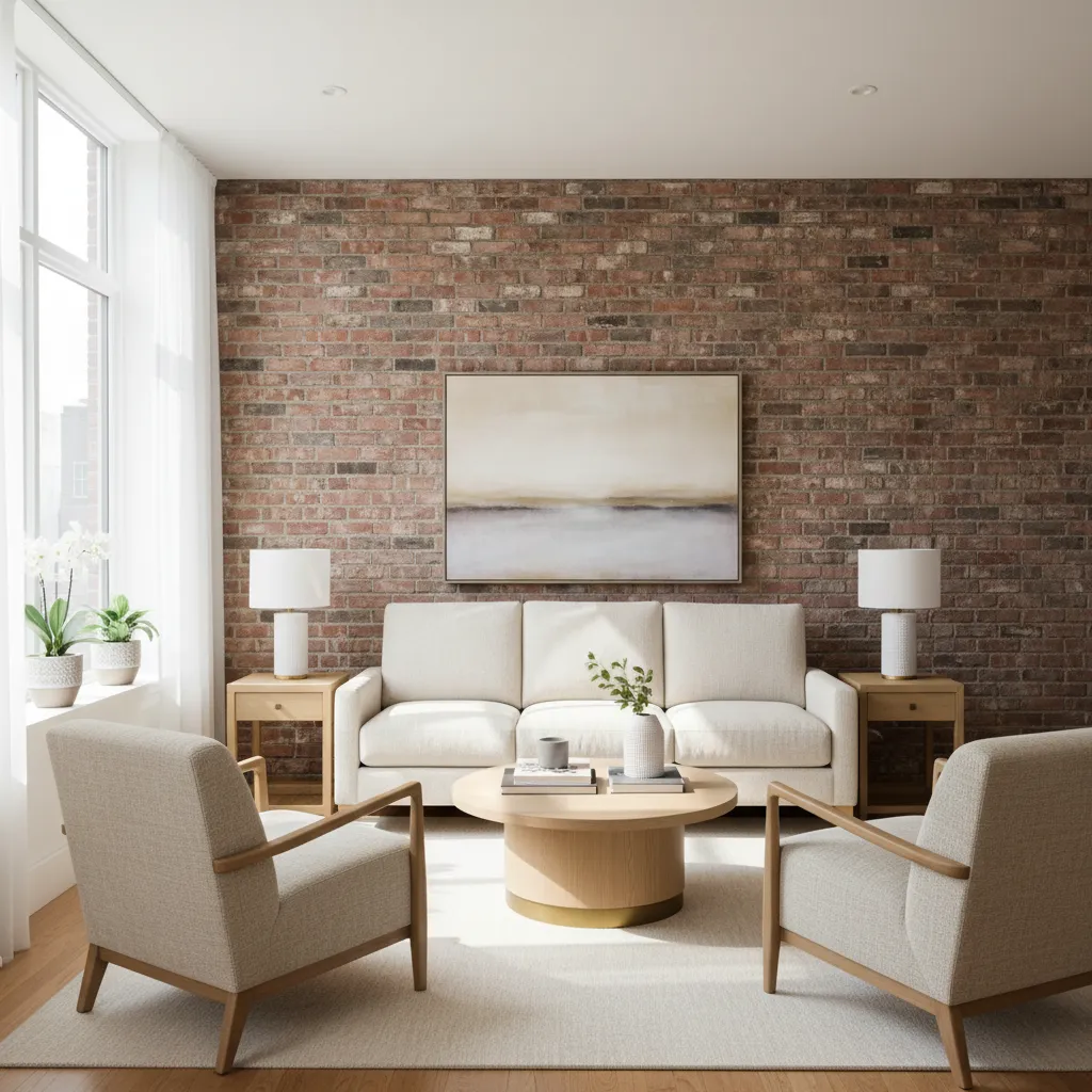 Salón con una sola pared de ladrillo decorativo detrás del sofá