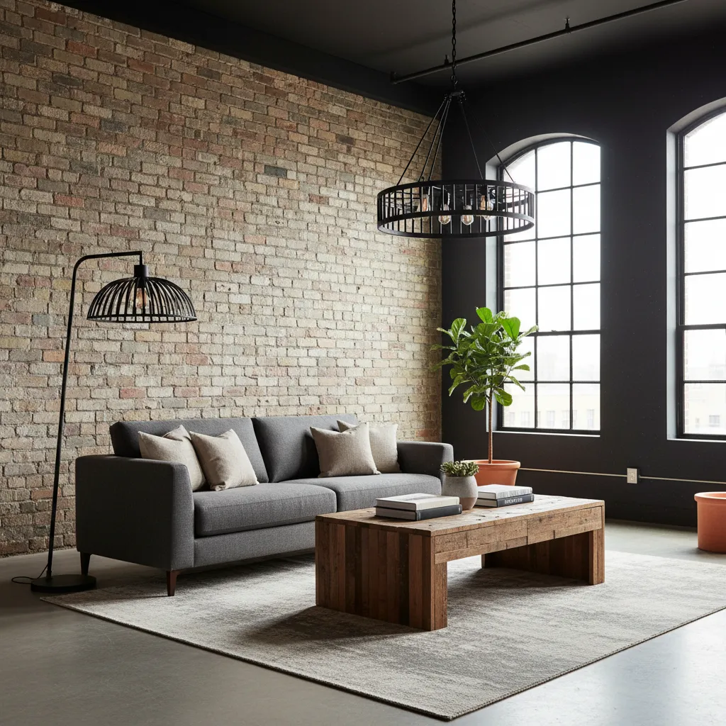 Salón estilo industrial con pared de ladrillo rojo y sofá gris