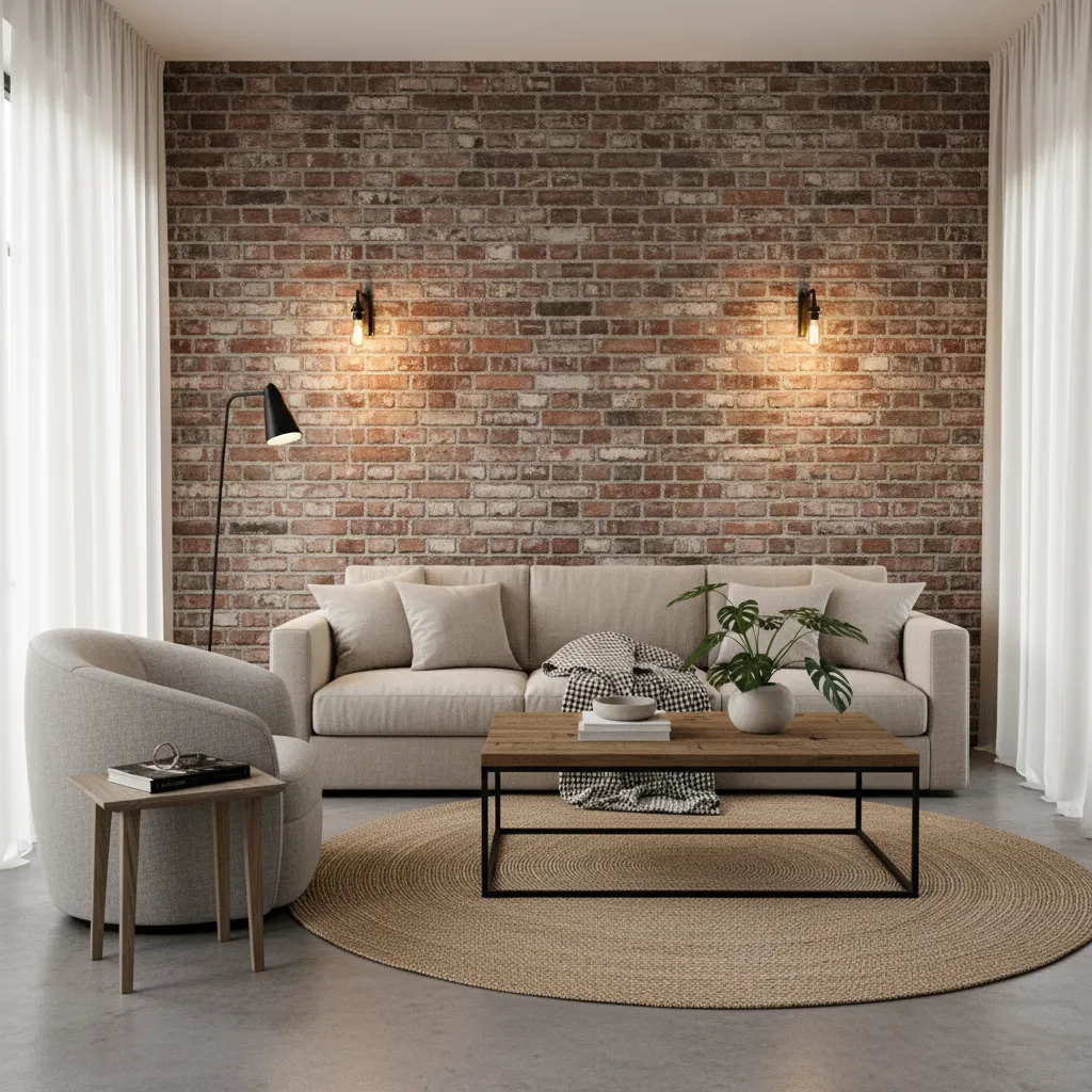 Salón con pared de ladrillo detrás del sofá
