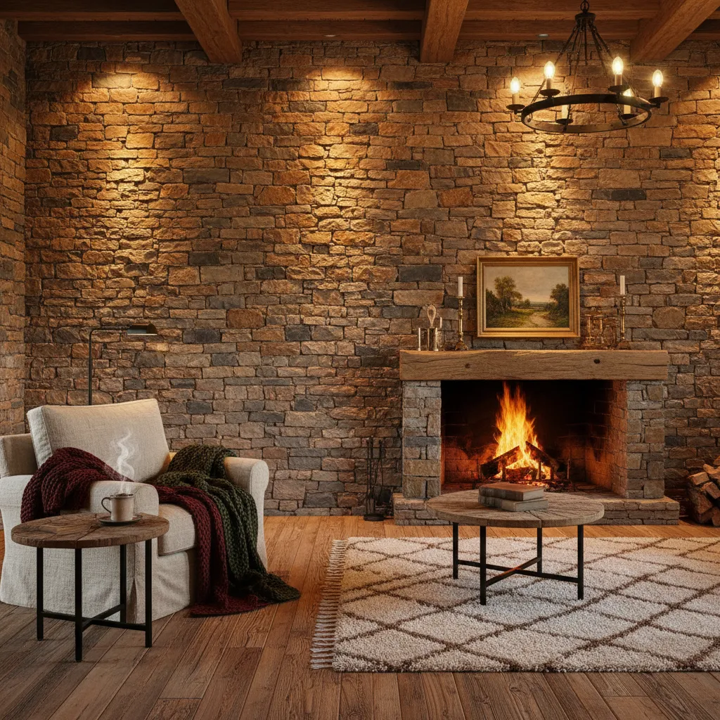 Rustic living room with stone wall fireplace warm fire armchair wooden coffee table ceiling light