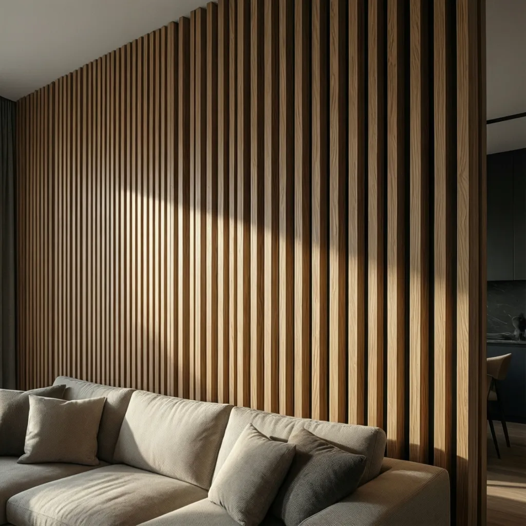 Pared decorativa con listones verticales de madera en un salón contemporáneo