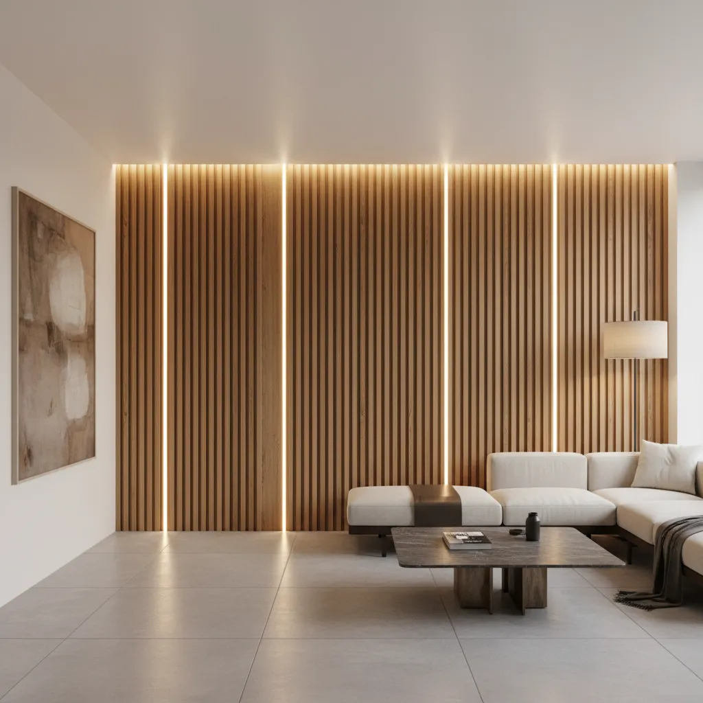 pared decorativa con listones de madera e iluminación indirecta