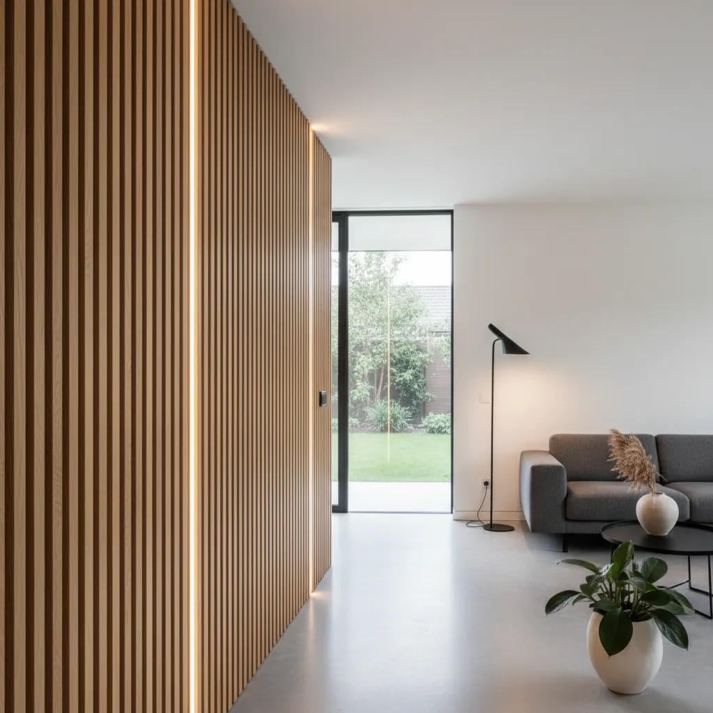 Pared decorativa con listones verticales de madera