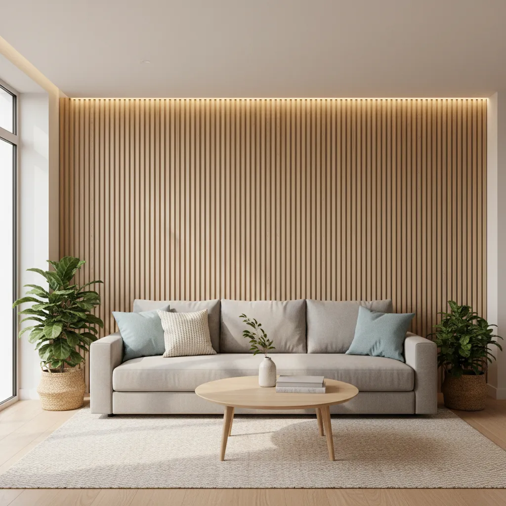 Pared de listones de madera en un salón contemporáneo