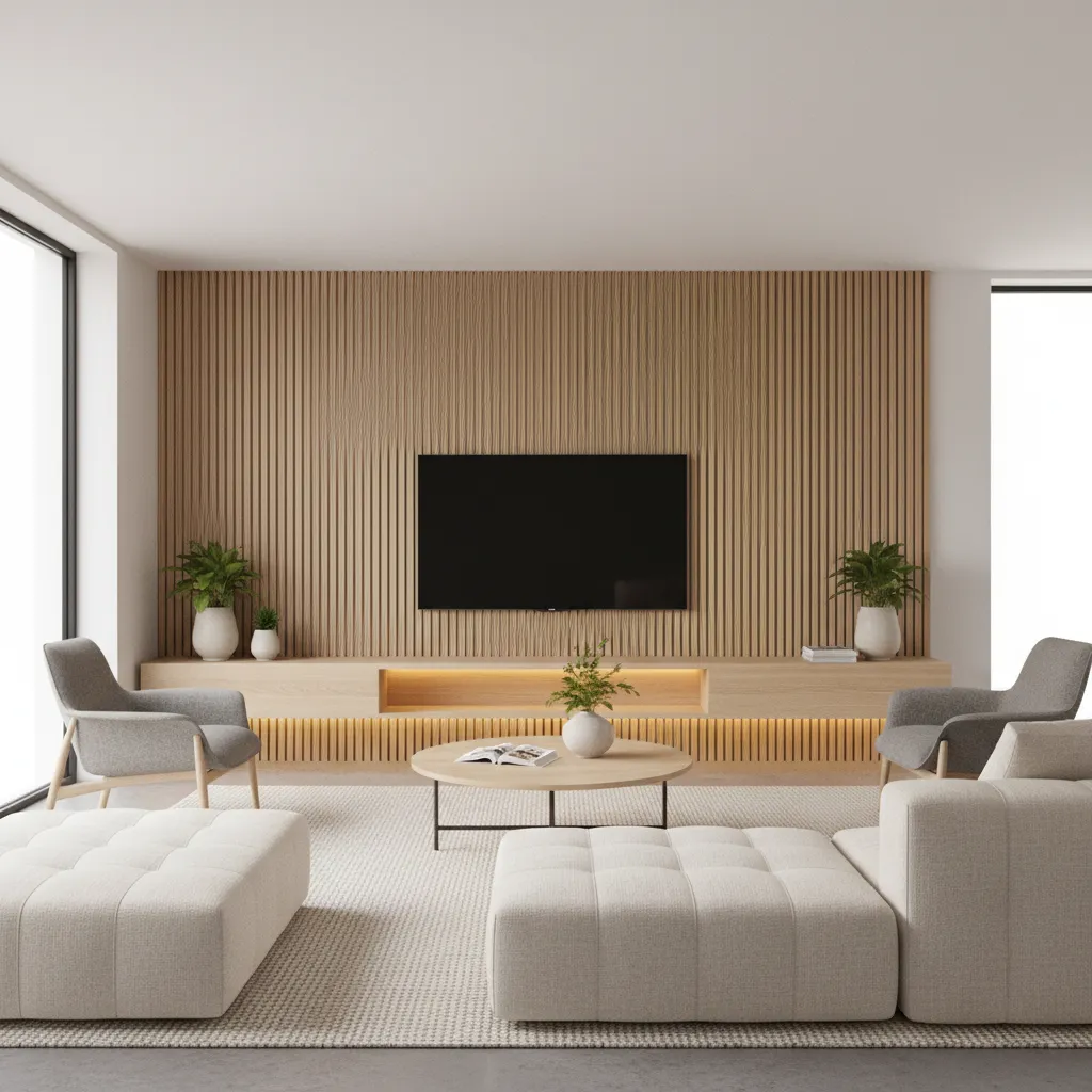 Modern living room with wood wall panel behind television plus white sofas and low cabinet
