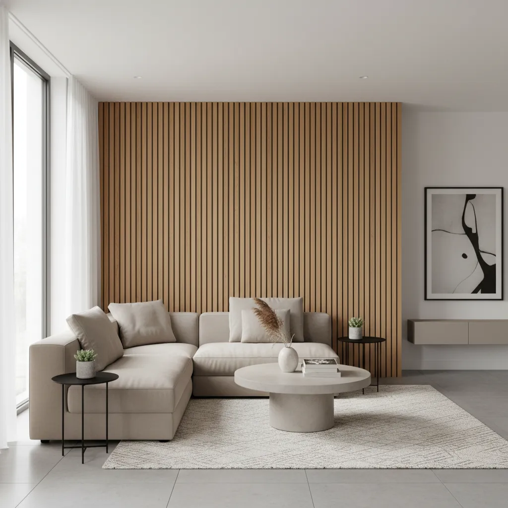 Salón moderno con pared decorativa de listones de madera