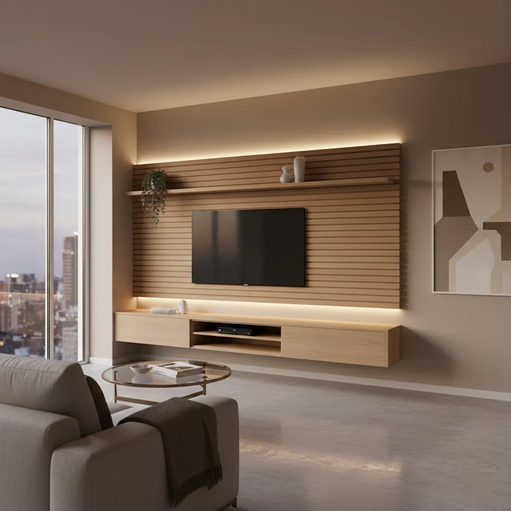 Pared de televisión con paneles de listones de madera