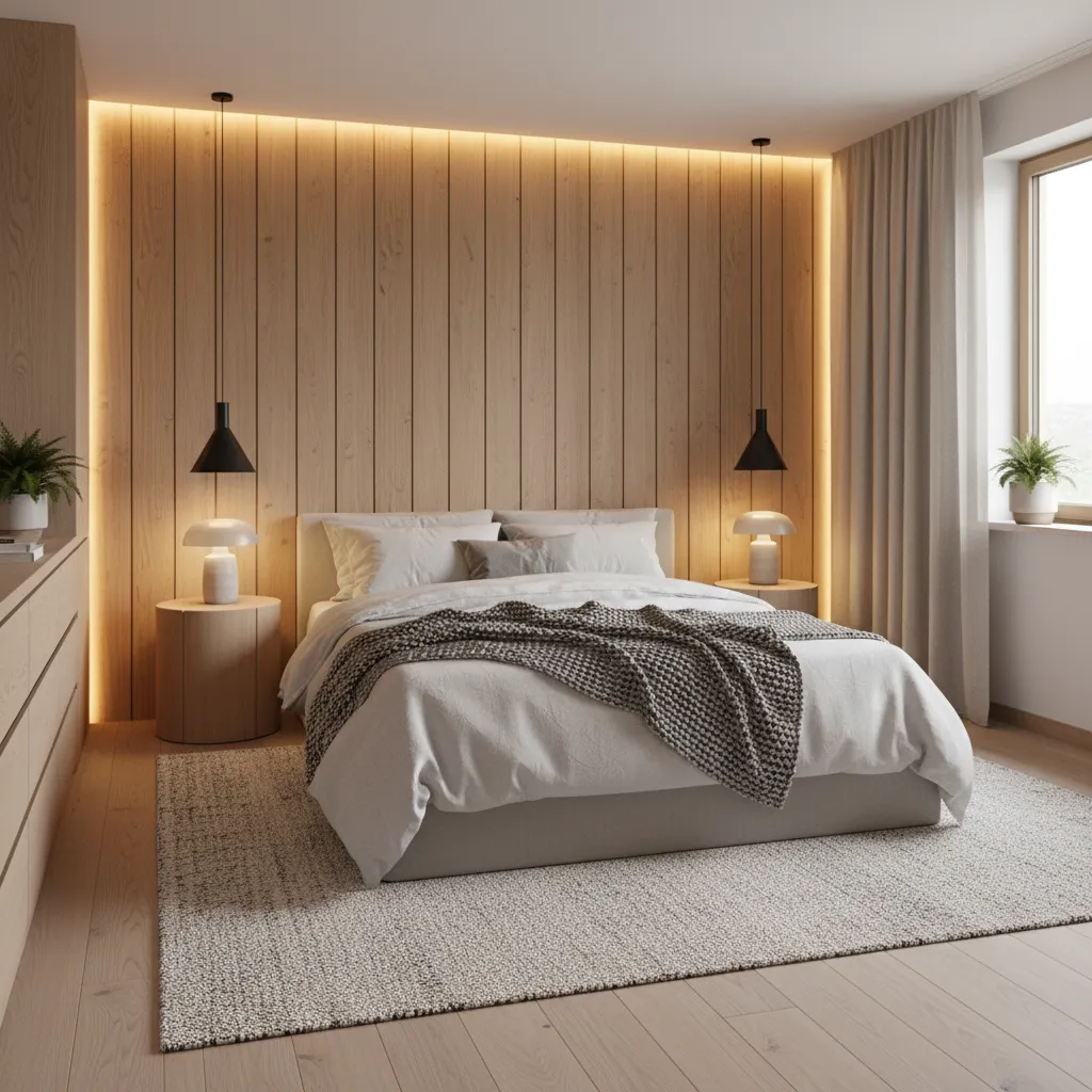 Dormitorio con pared decorativa de paneles de madera vertical