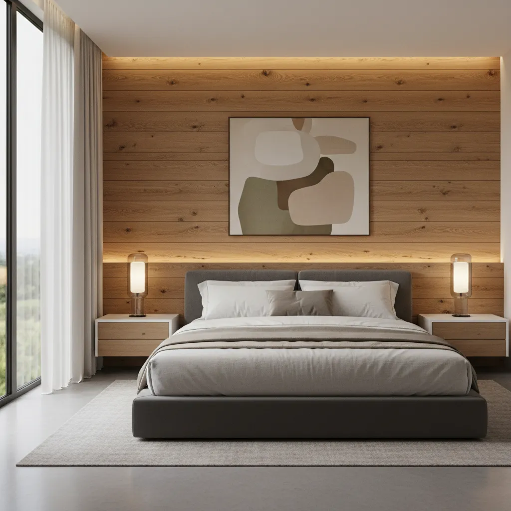 Dormitorio moderno con cabecero de madera en la pared