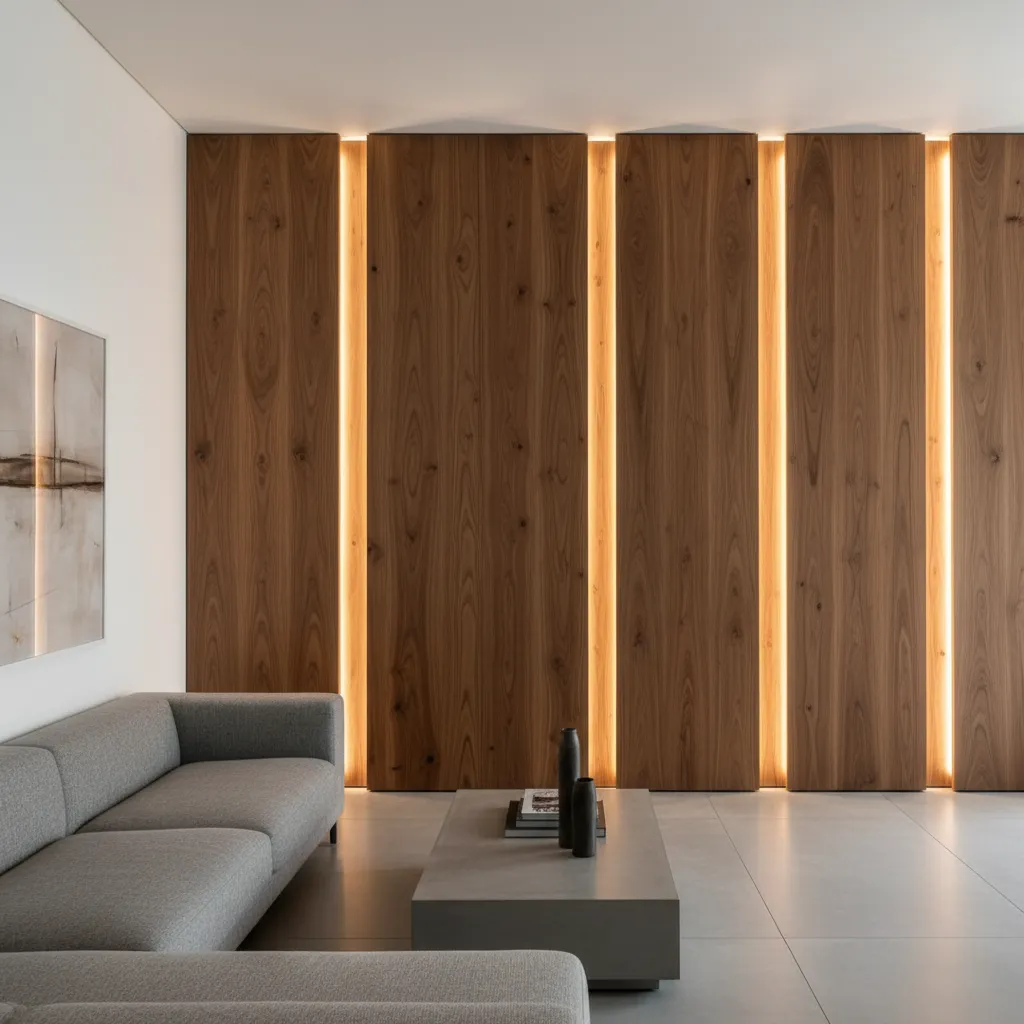 Pared de madera con iluminación LED indirecta