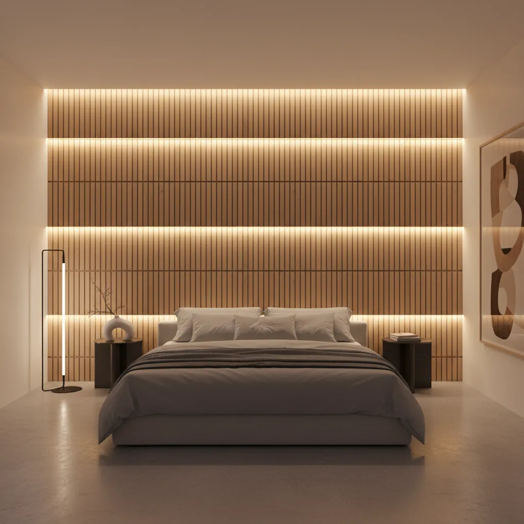 Pared de madera con iluminación LED indirecta