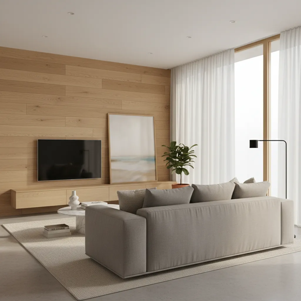 Contemporary living room with wood wall panels, television, long cabinet, grey sofa, and white curtains