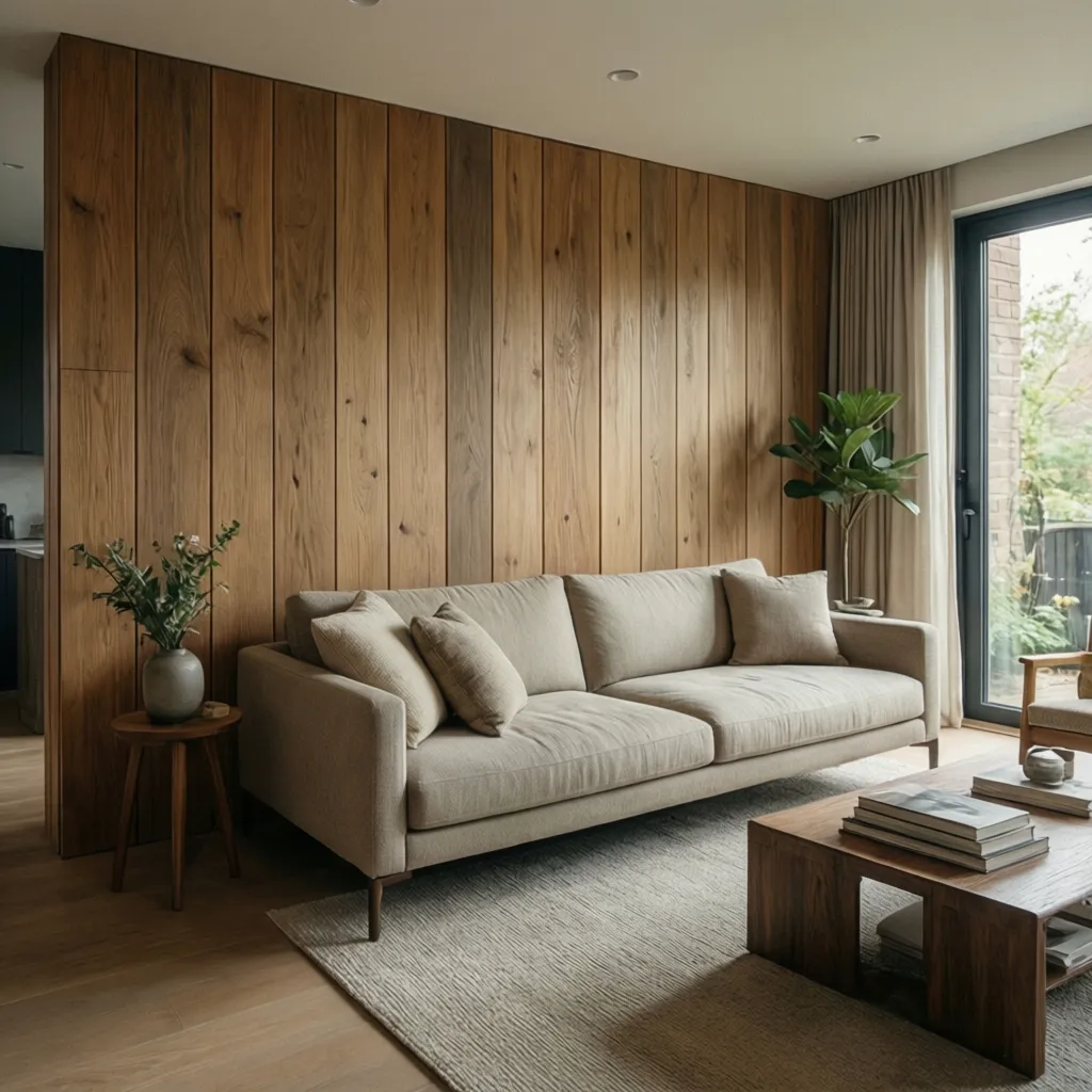 Vertical wood wall panel behind beige sofa in modern living room with coffee table and window
