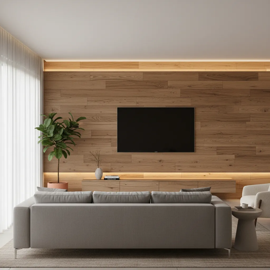 Pared de madera detrás de una televisión en salón moderno