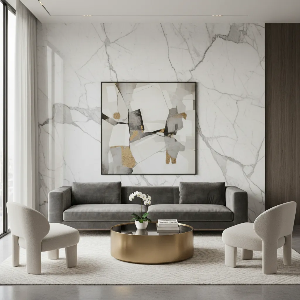 pared interior revestida con mármol blanco con vetas grises