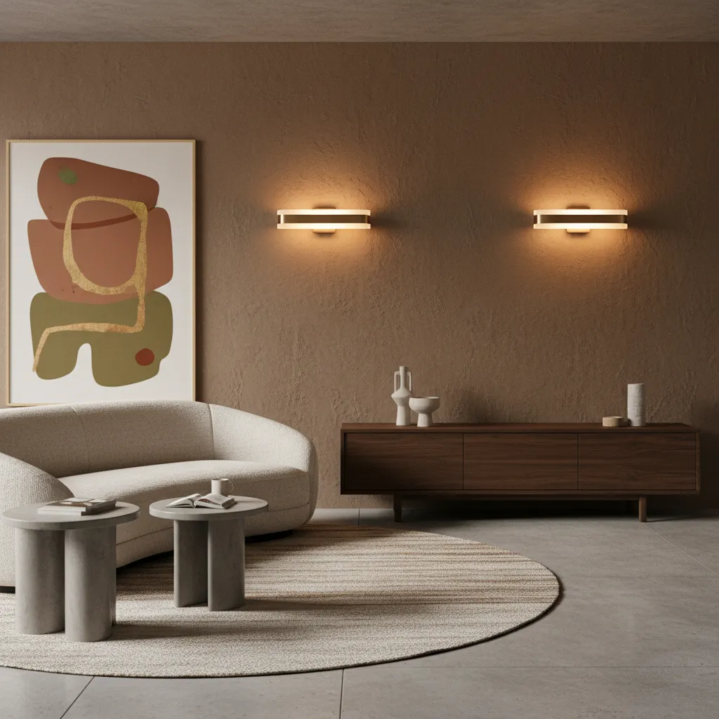 Pared marrón iluminada con luz cálida en interior moderno