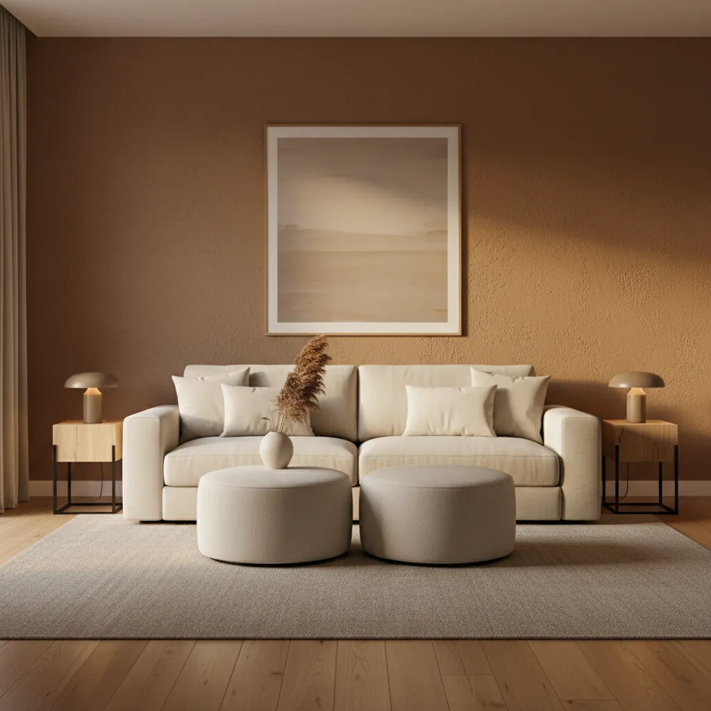 Salón moderno con una pared marrón como punto focal
