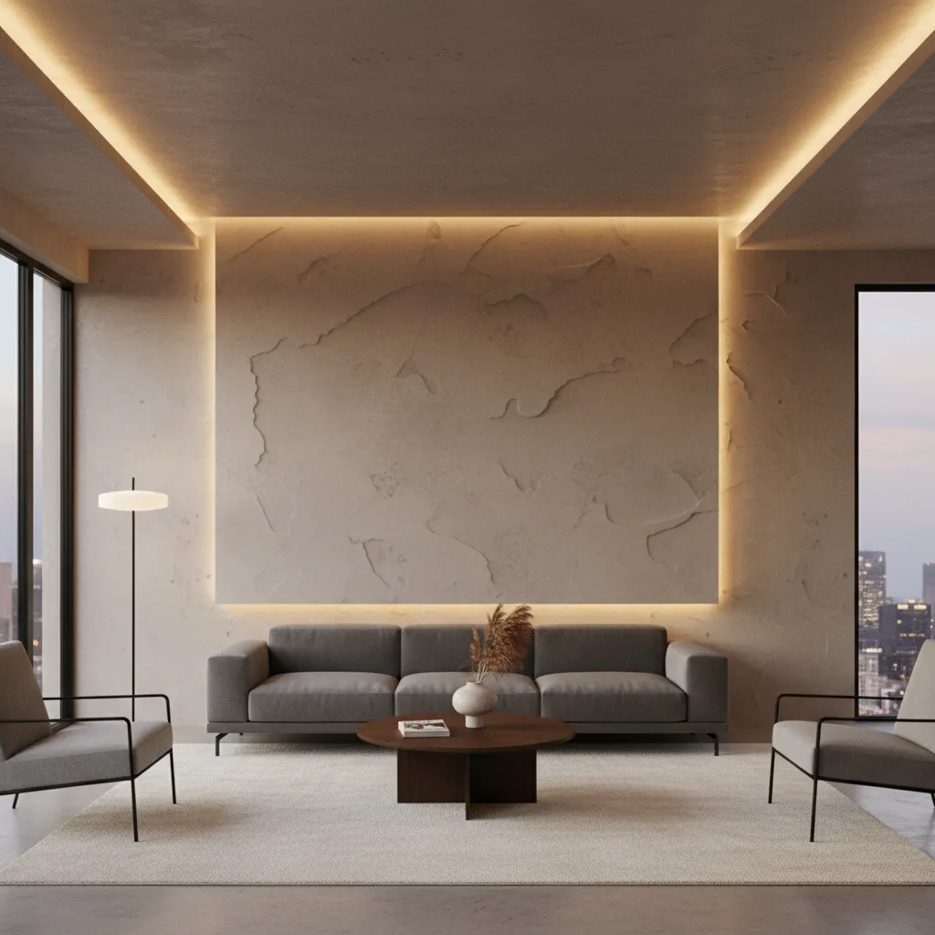 Minimalist living room with textured beige wall panel hidden light strips and grey fabric sofa