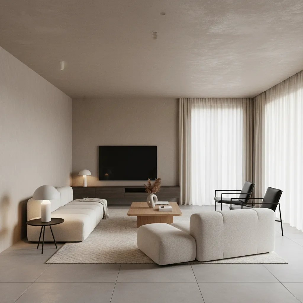 Sala moderna con pared de microcemento y decoración minimalista