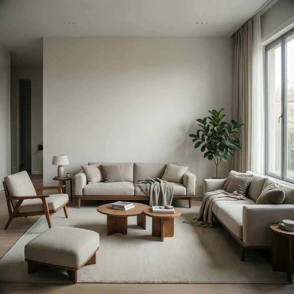 Salón minimalista con una pared limpia sin decoración