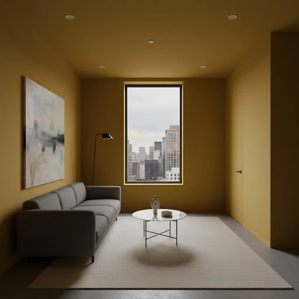 Habitación con pared mostaza demasiado intensa