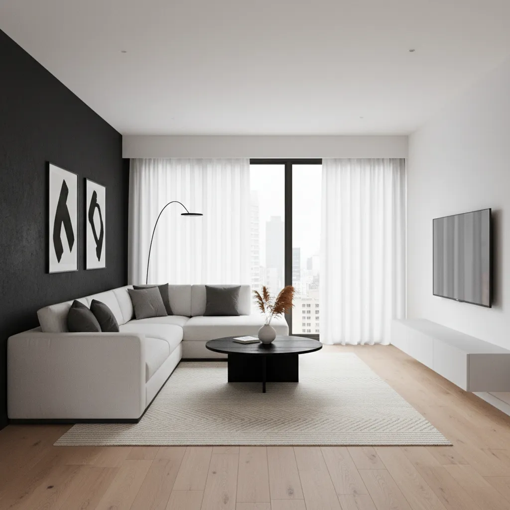 Sala de estar con pared negra de acento y mobiliario claro