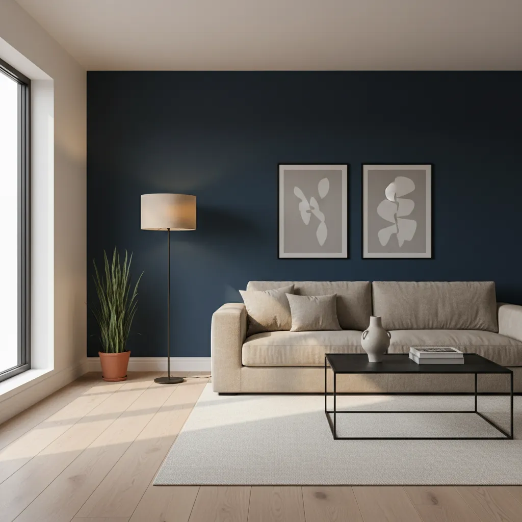 Salón con pared azul oscuro y decoración minimalista elegante
