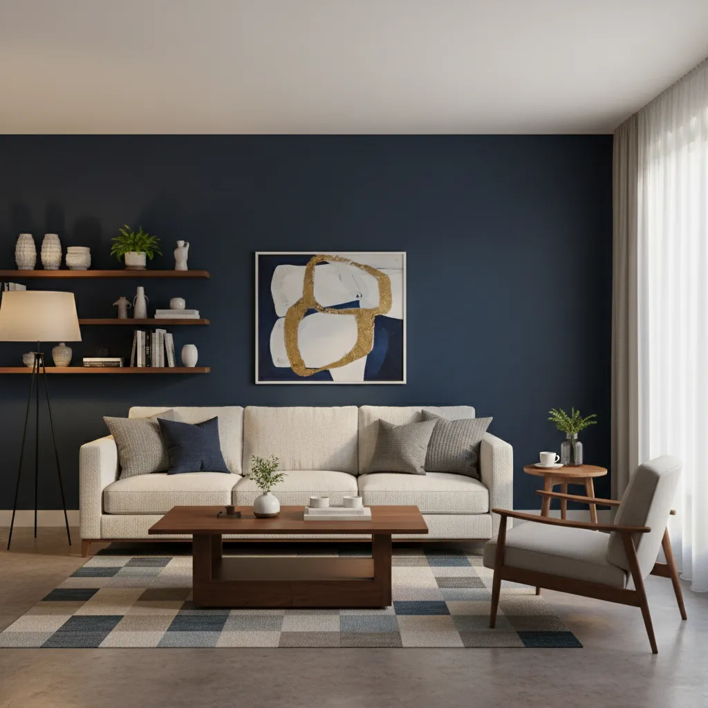 Modern living room featuring dark blue wall beige sofa wooden coffee table and geometric rug