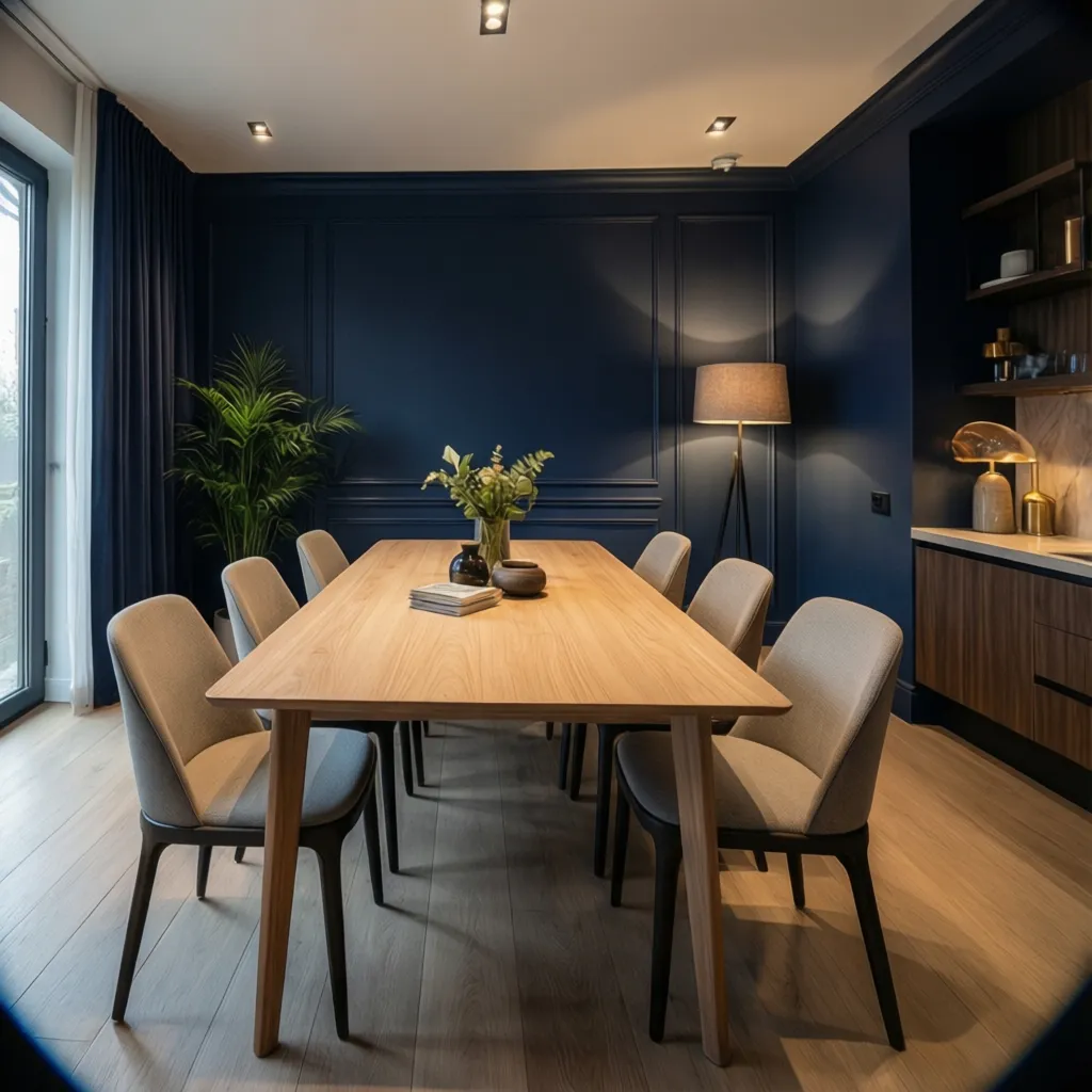 Dining room with dark blue wall panel wooden table grey chairs floor lamp and cabinet