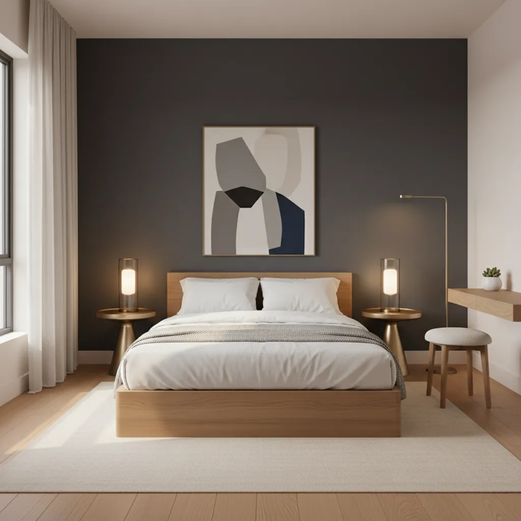 Habitación pequeña con una pared oscura y decoración minimalista
