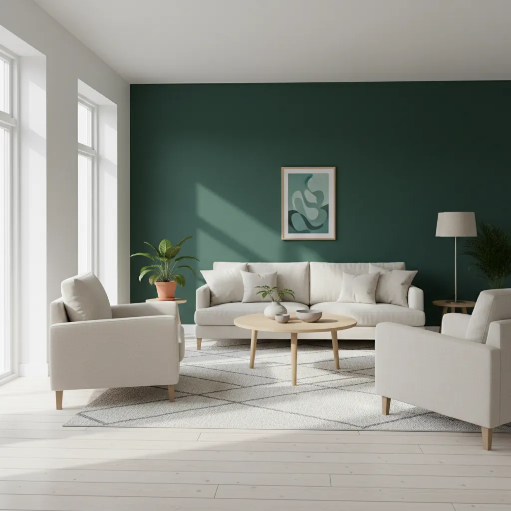 Modern living room with green wall white sofa two armchairs wooden coffee table and windows