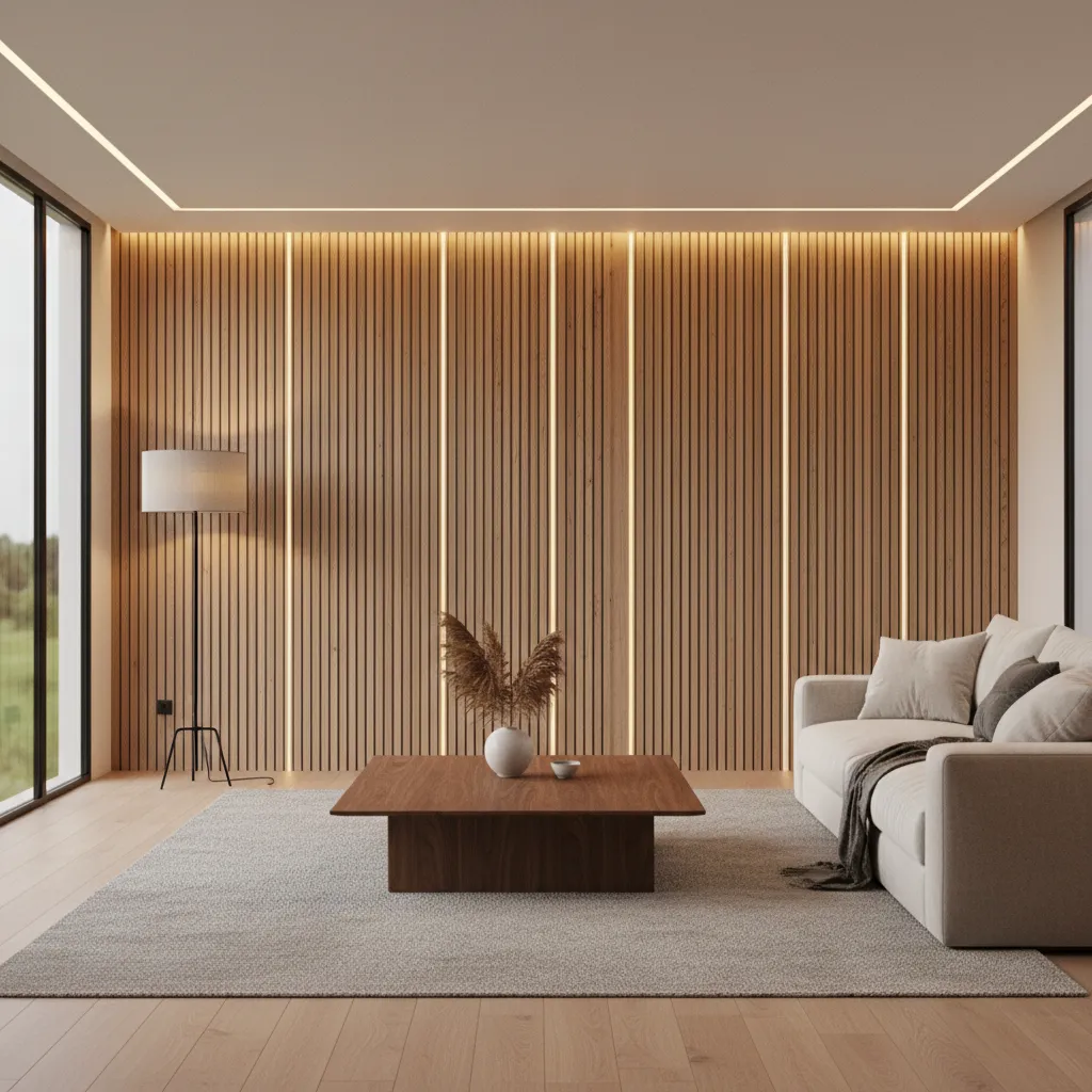 Pared decorada con paneles de madera verticales