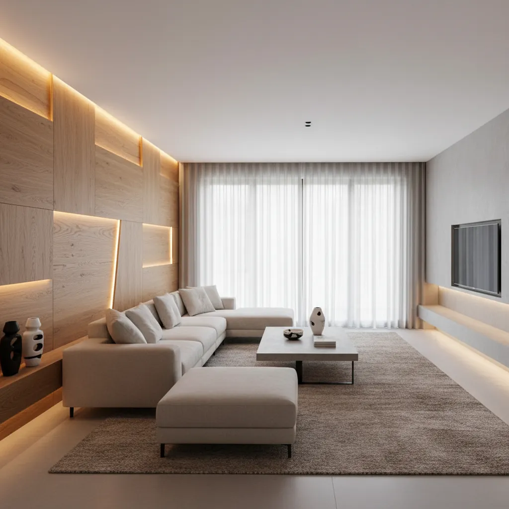 Modern living room with wooden wall panels integrated lights grey sofa and large area rug
