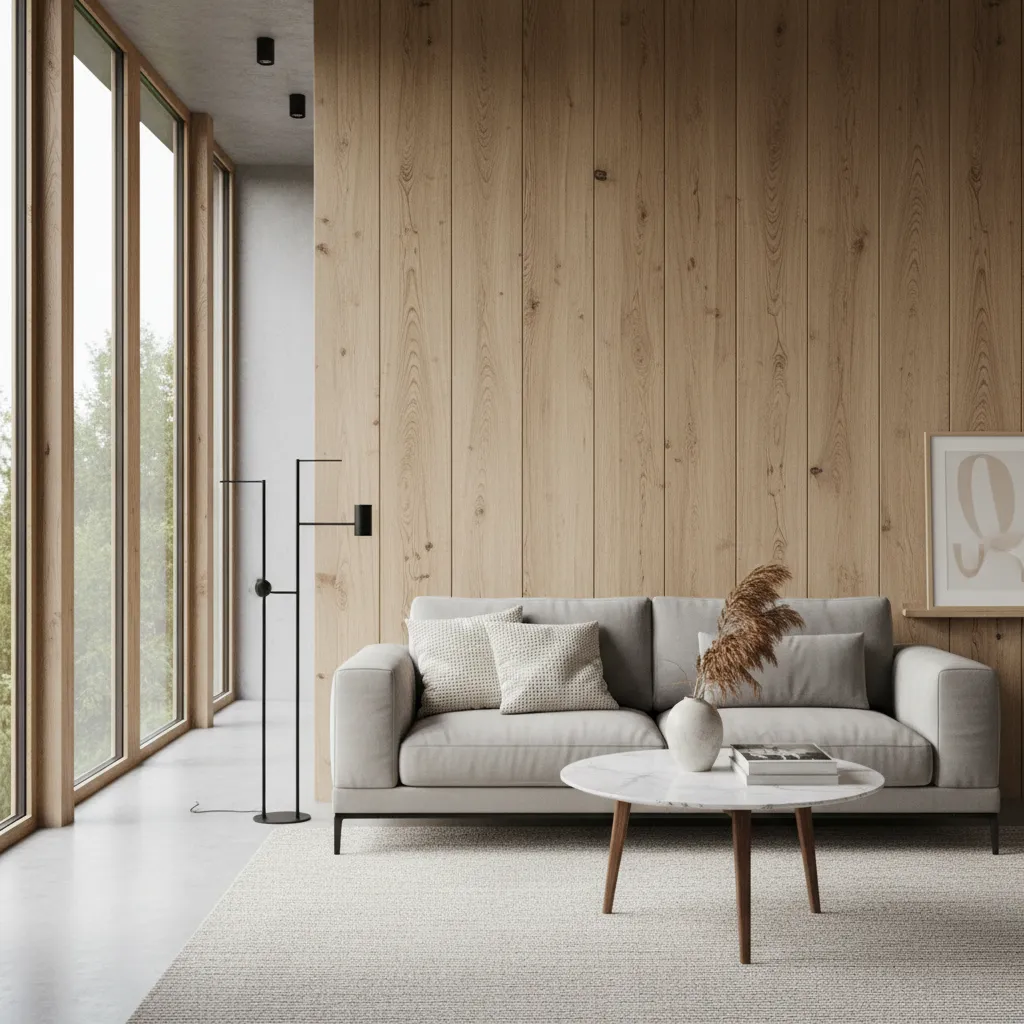 pared interior con paneles verticales de madera en salón contemporáneo