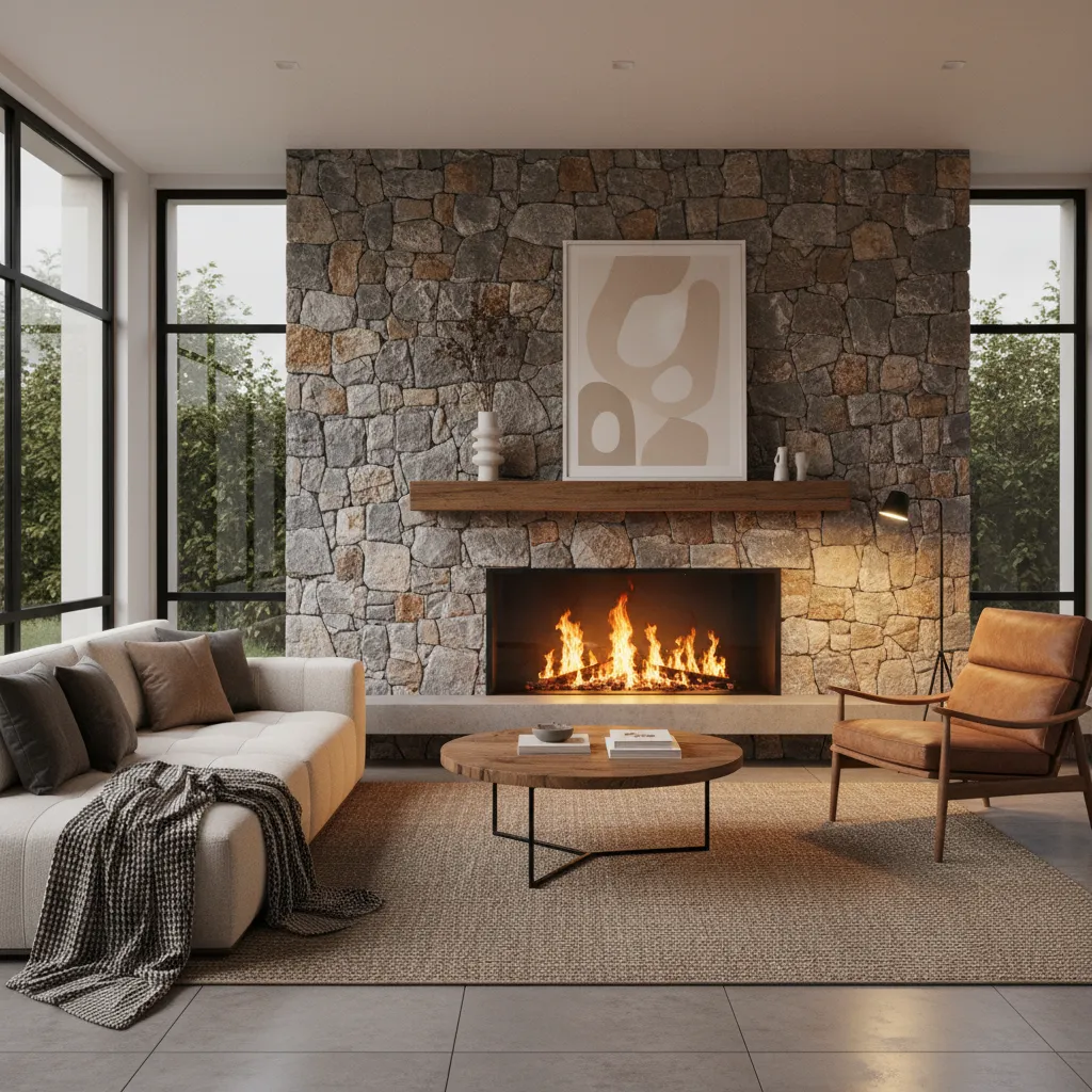 Chimenea moderna con revestimiento de piedra