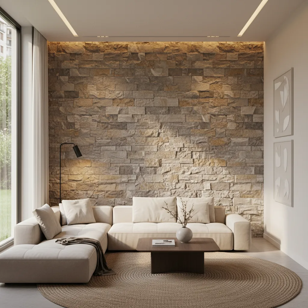 Pared interior con revestimiento de piedra decorativa