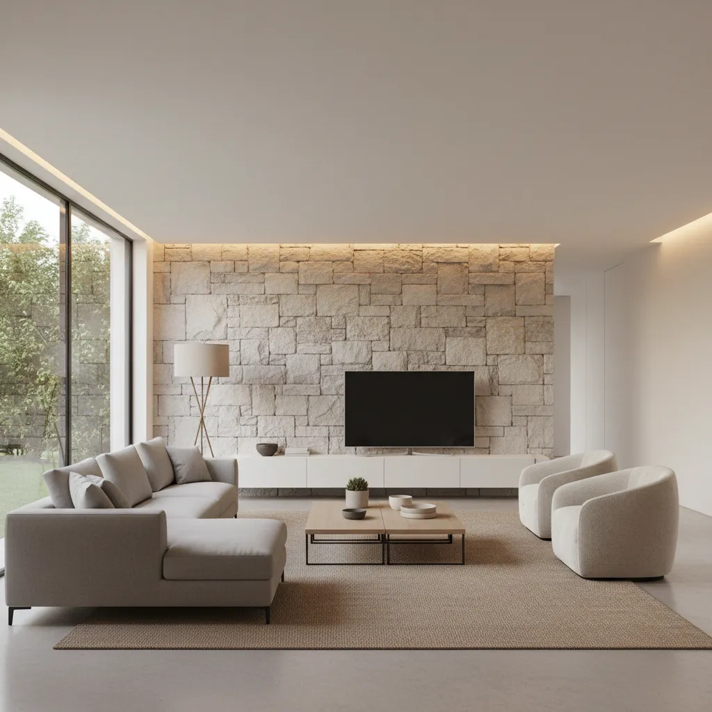 Salón con pared revestida en piedra decorativa