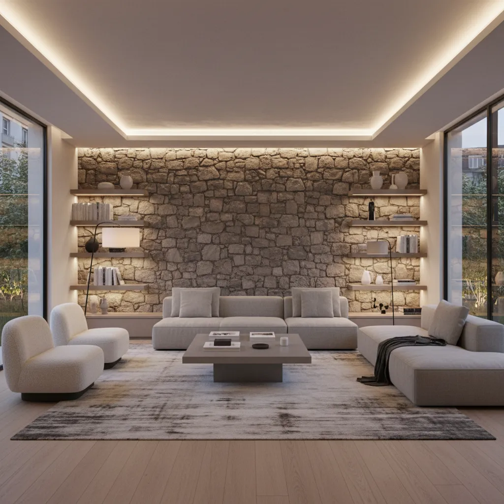 Pared de piedra decorativa en salón contemporáneo