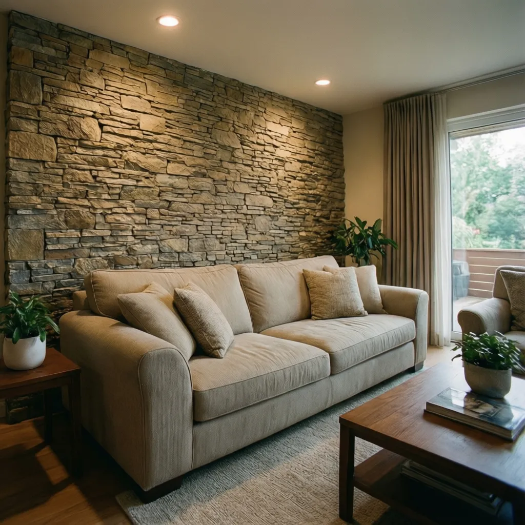 Pared de piedra decorativa detrás de un sofá en salón