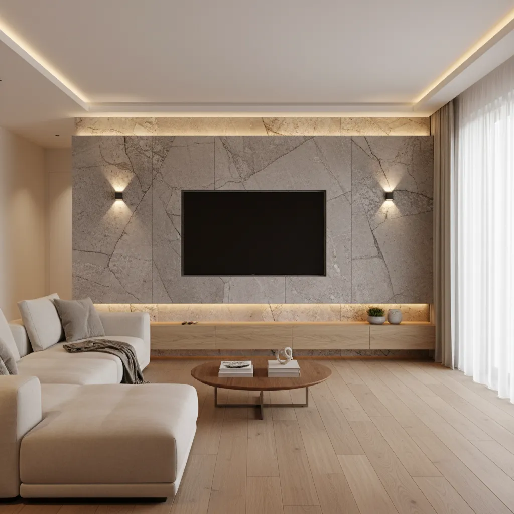 Pared de piedra decorativa detrás de la televisión en salón moderno