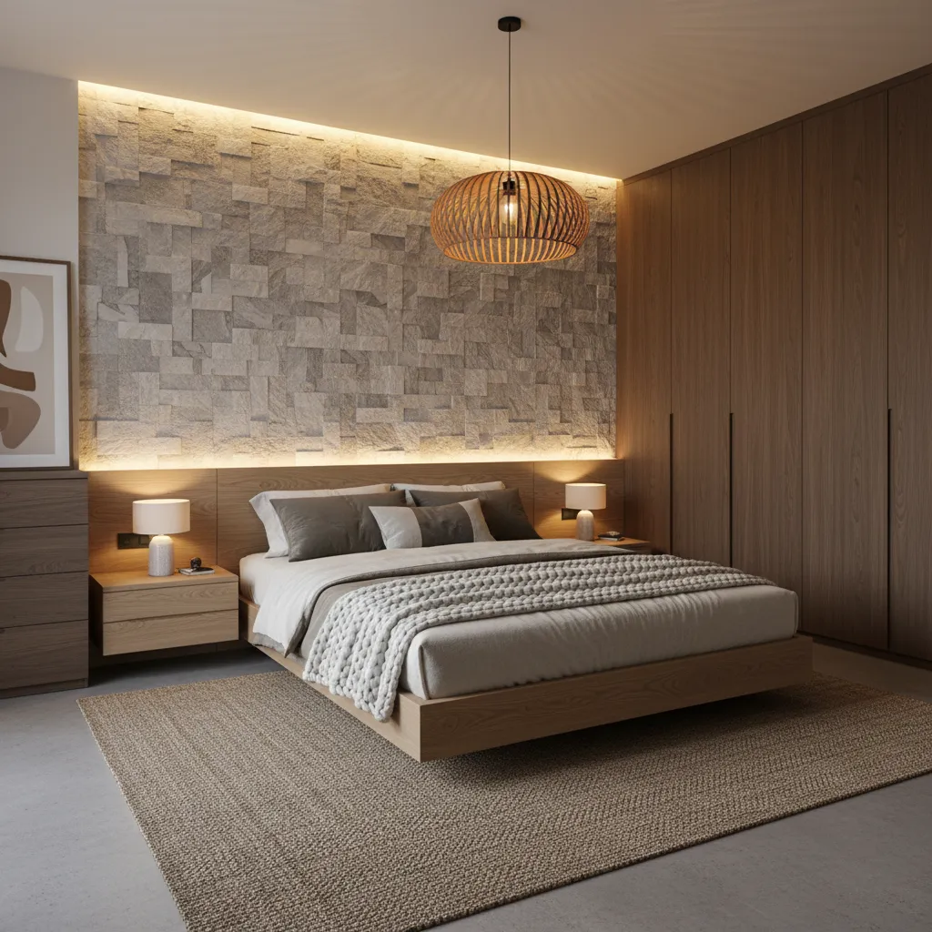 Dormitorio con cabecero de pared de piedra decorativa
