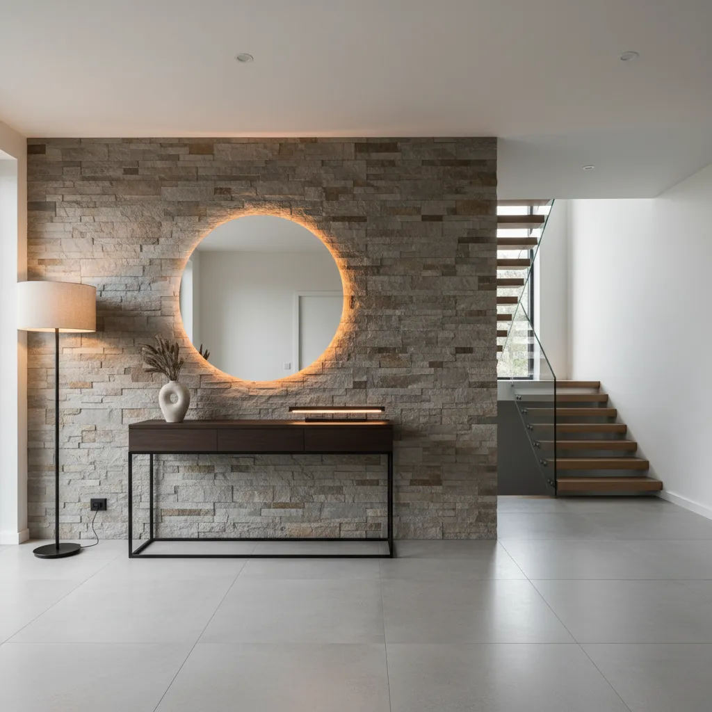 Entrada de casa moderna con pared de piedra decorativa
