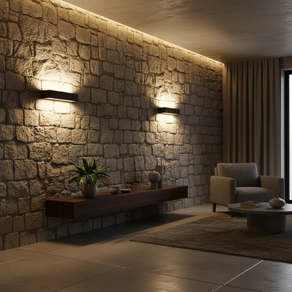 Pared de piedra iluminada con luz lateral resaltando la textura