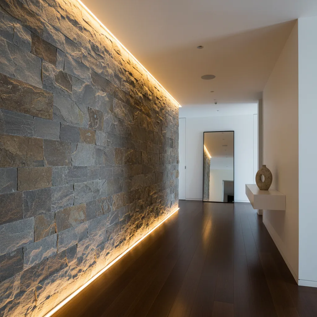 pared de piedra interior con iluminación LED indirecta