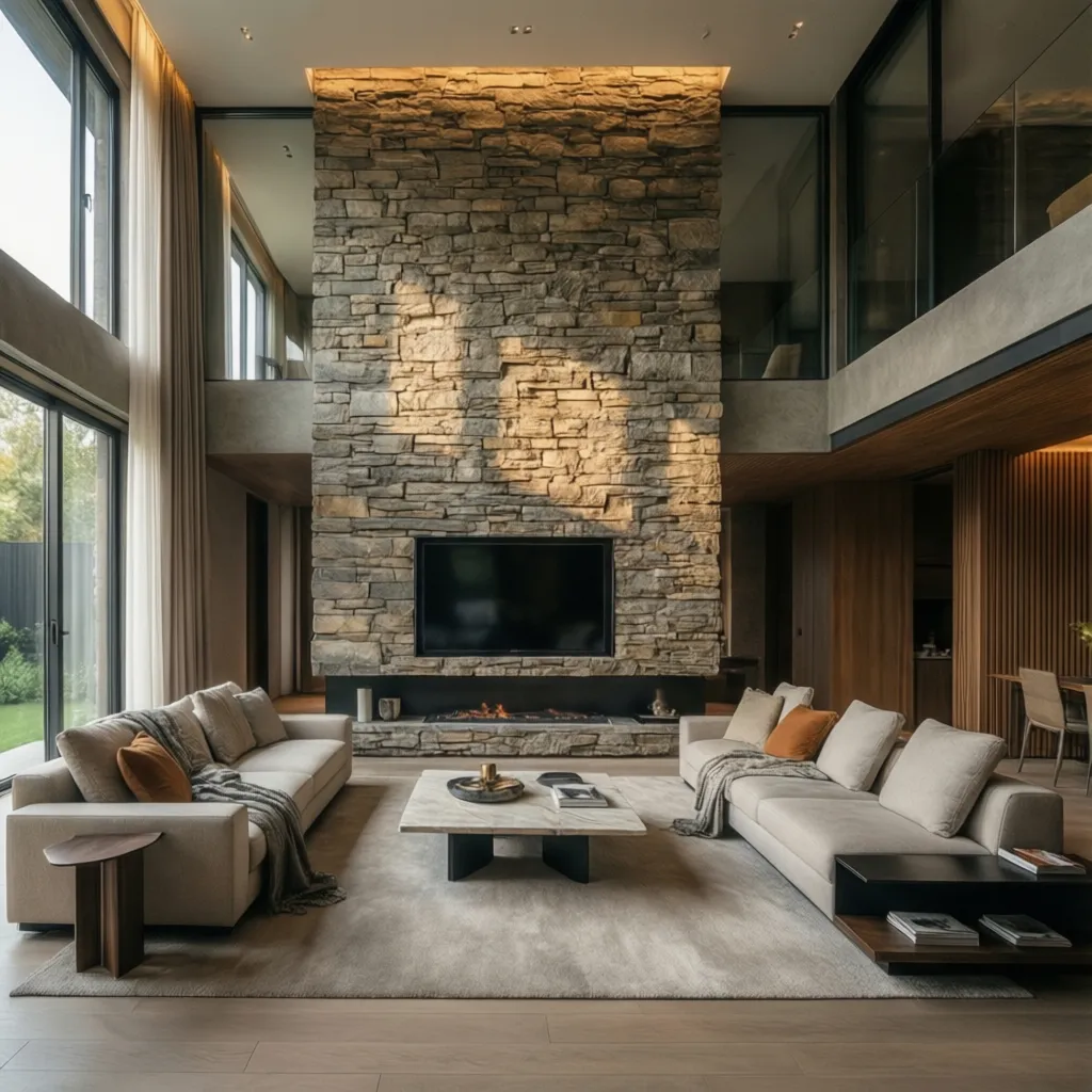Modern living room with stone wall fireplace television two beige sofas and a coffee table