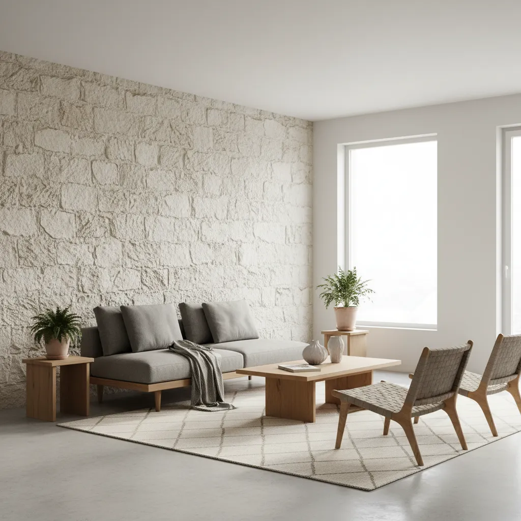 Salón contemporáneo con pared de piedra clara combinada con madera