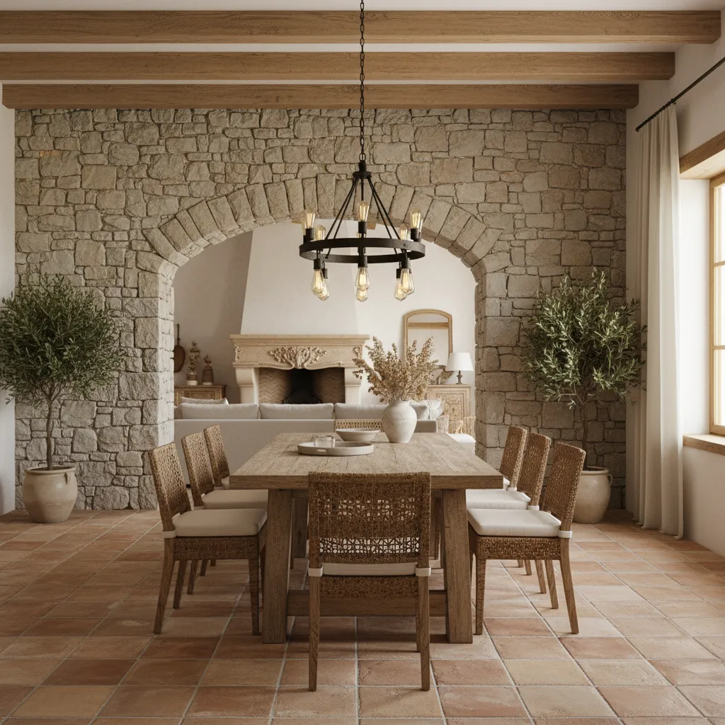 Interior rústico con pared de piedra y muebles de madera