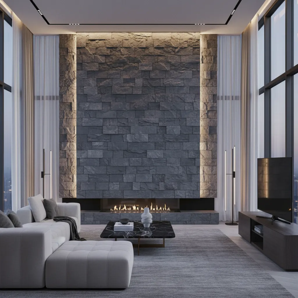 Modern living room with dark stone wall fireplace grey sofa black coffee table and windows