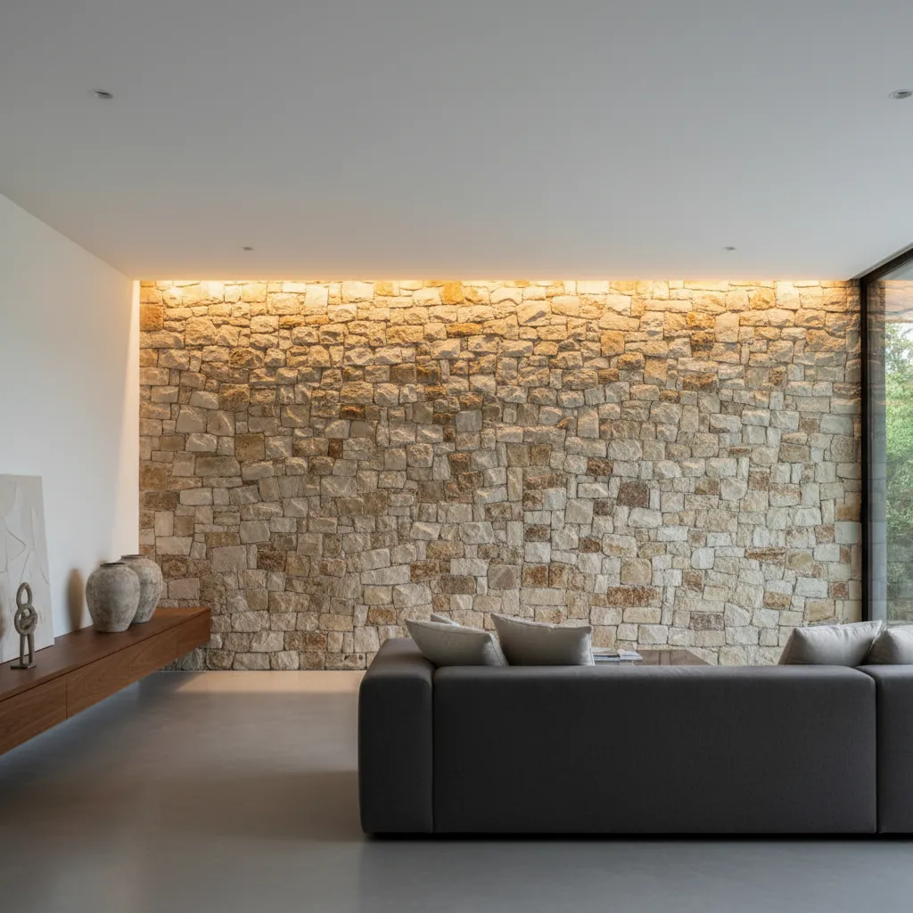 pared interior con revestimiento de piedra natural iluminada